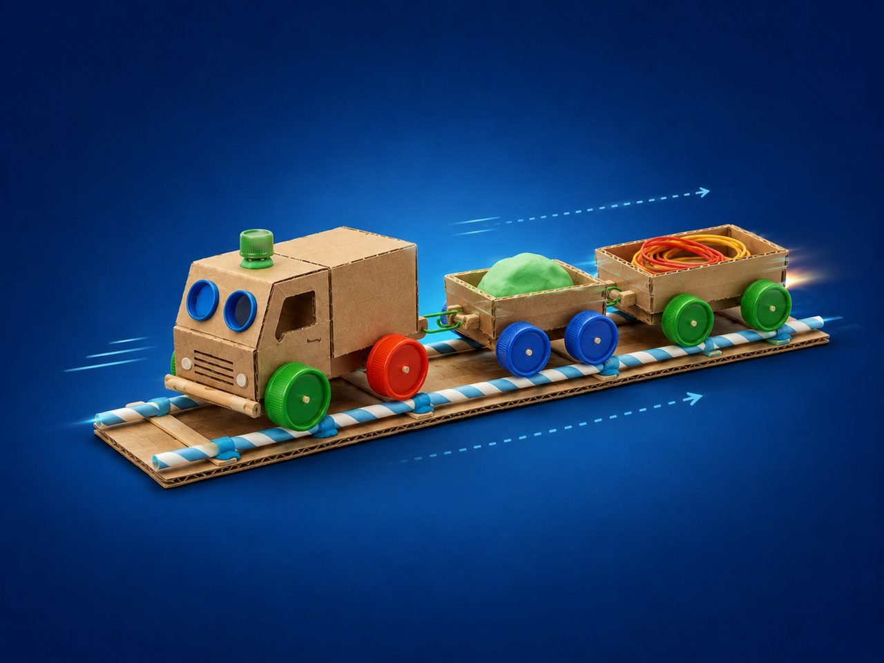 Trem de papelão sobre trilho de canudo