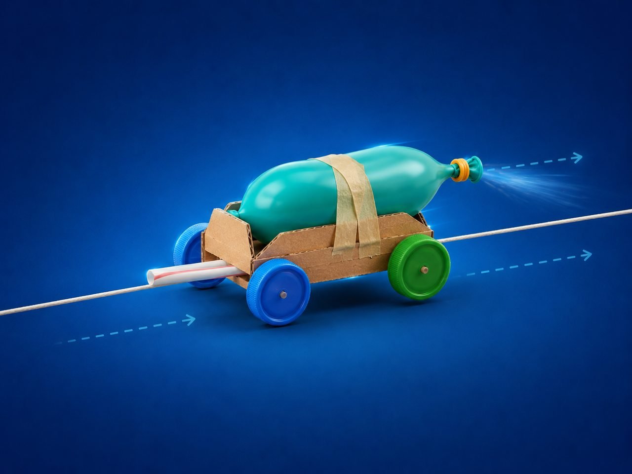 Foguete-carro no trilho de barbante